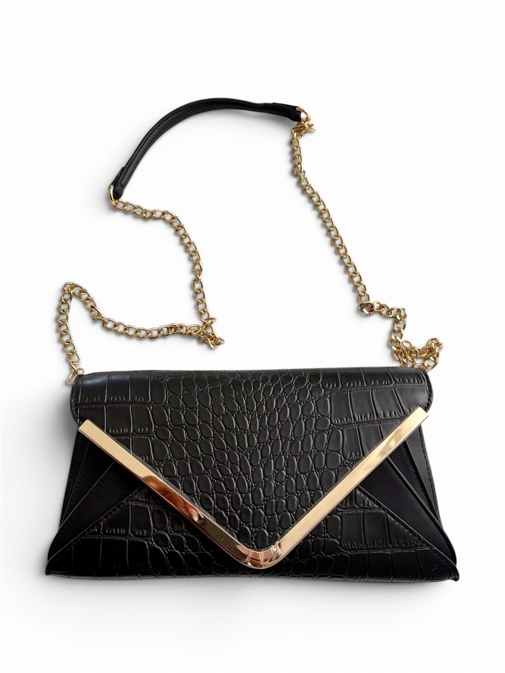 Black Croc-Embossed Envelope Shoulder Bag with Gold Chain